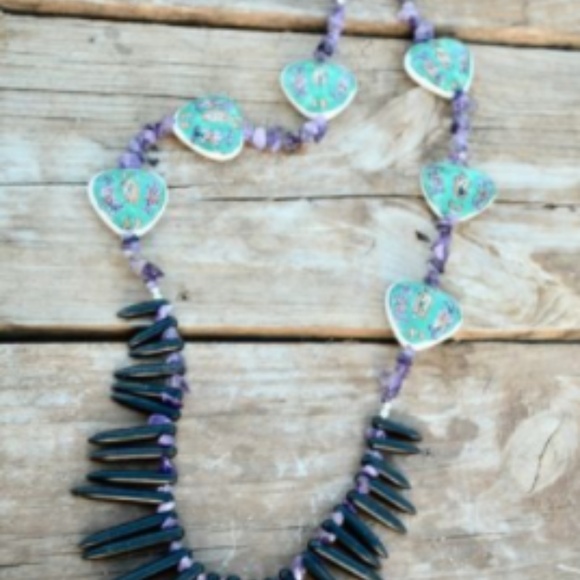 Antique Obsessions Jewelry - Amethyst Necklace Green Beaded Fringe Spiked Spike